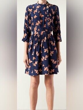 Lauren Moffatt Uma Navy Pintuck Snap Dress 2 Print Vintage Anthropologie Collab